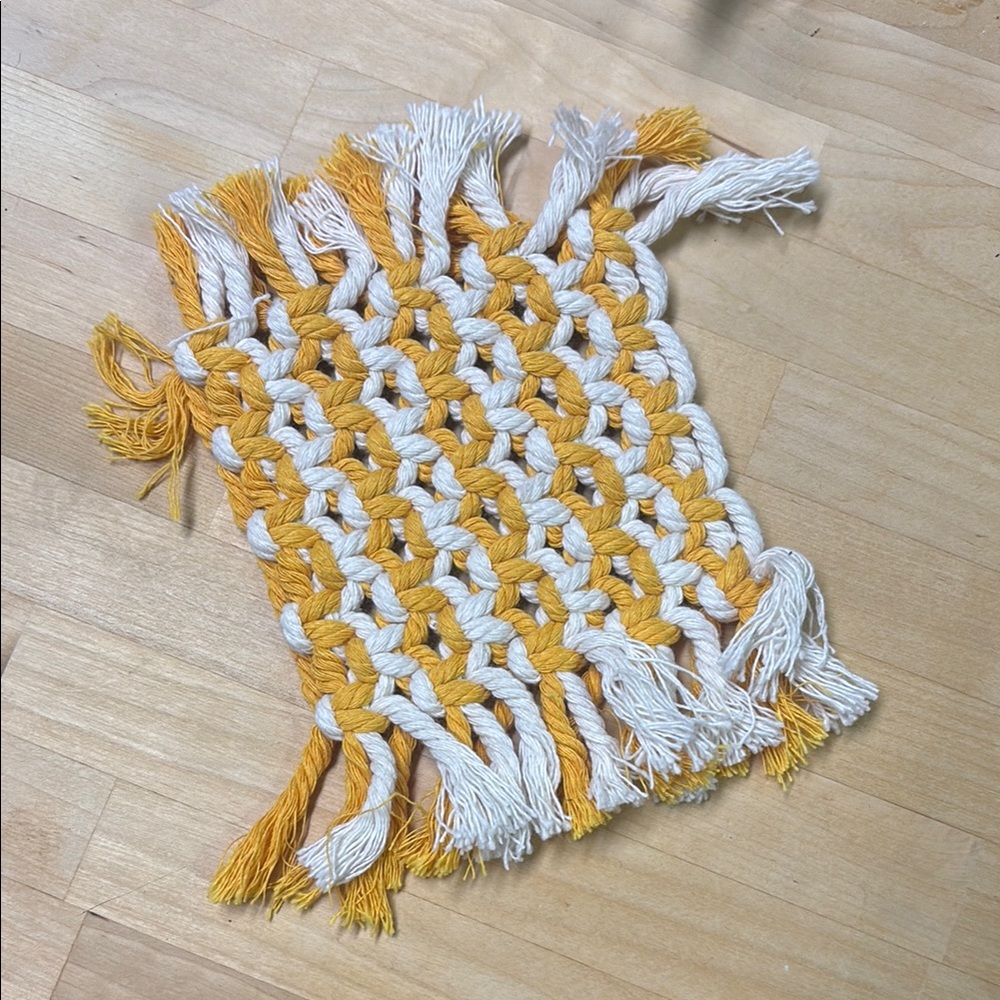 Handwoven Yellow and White Macrame Coaster